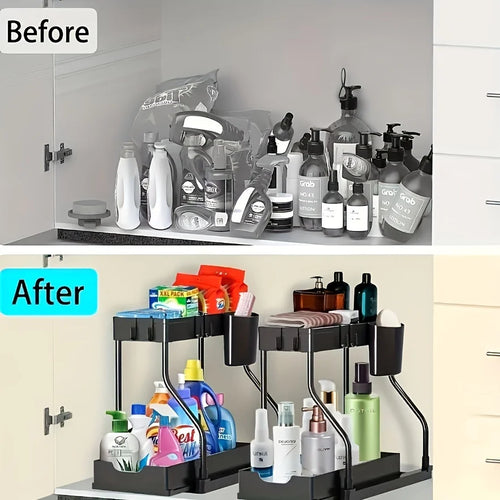 Black under-sink organizer for kitchen and bathroom storage