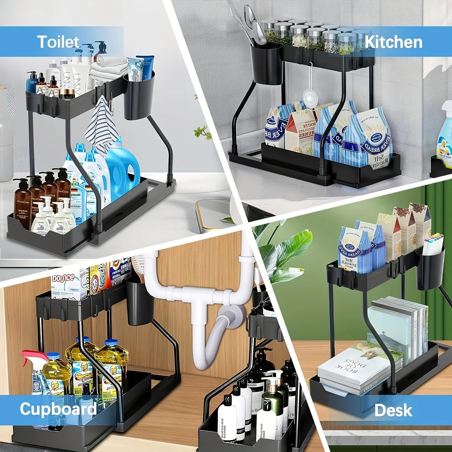 Two-tier pull-out organizer with upper and lower storage levels