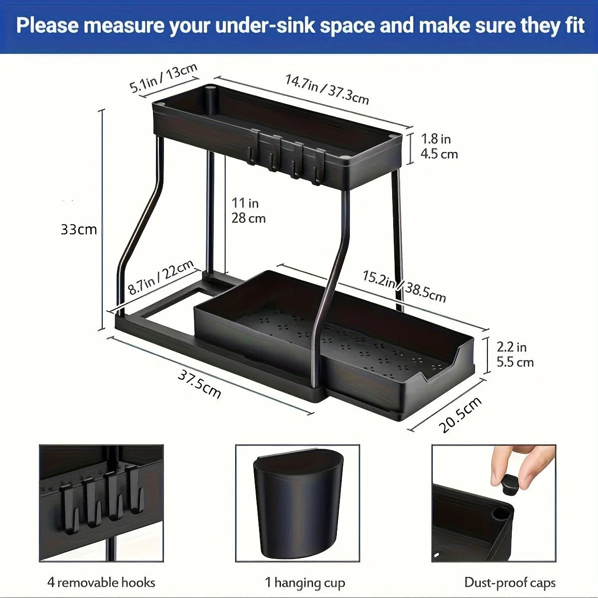 Black 2-tier organizer designed for under-sink cabinet storage